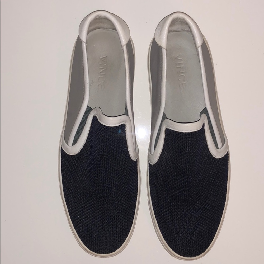 Navy, grey, and white Vince slip-on sneakers